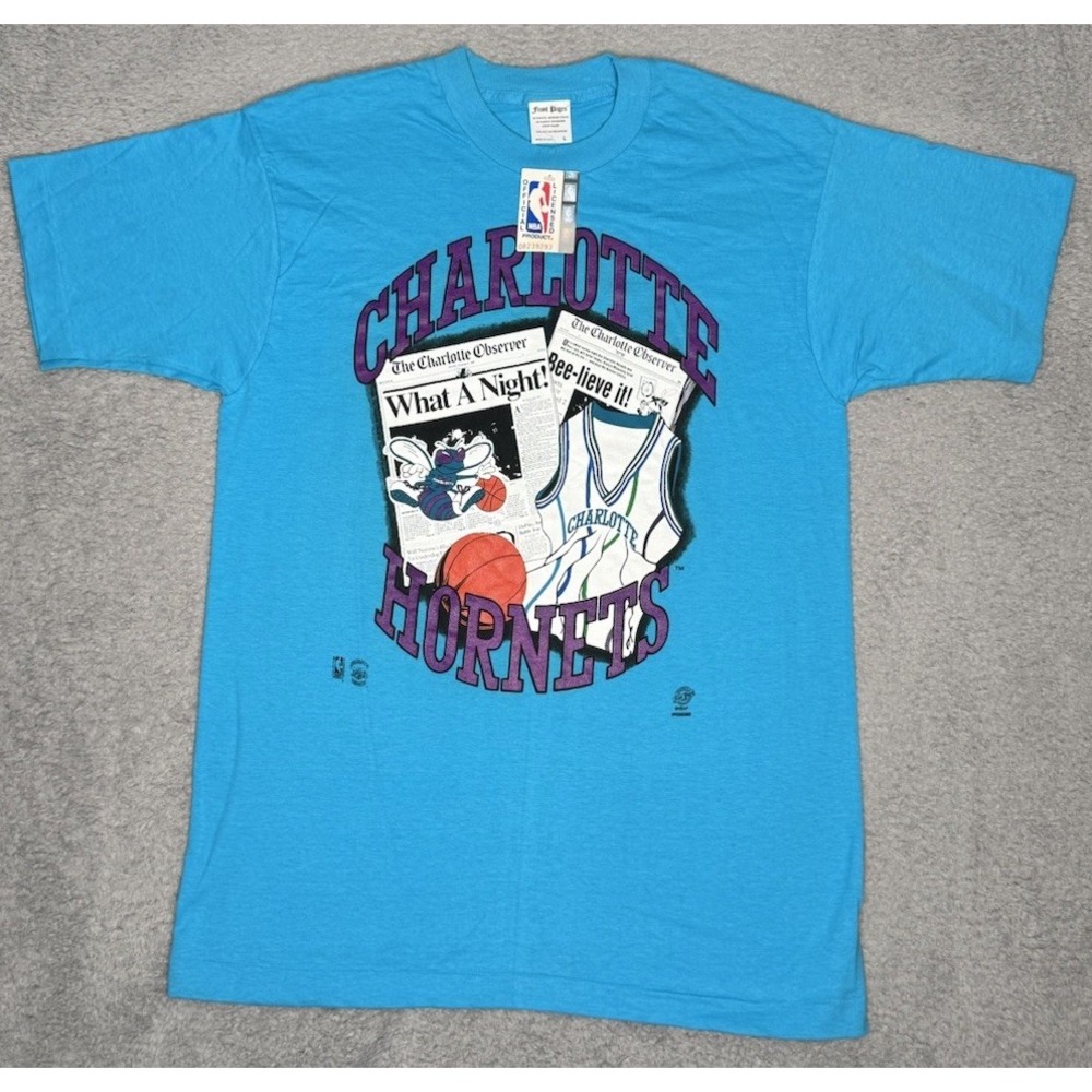 RARE VTG Front Pages Charlotte Hornets‎ Newspaper Print Mens L Single Stitch NWT